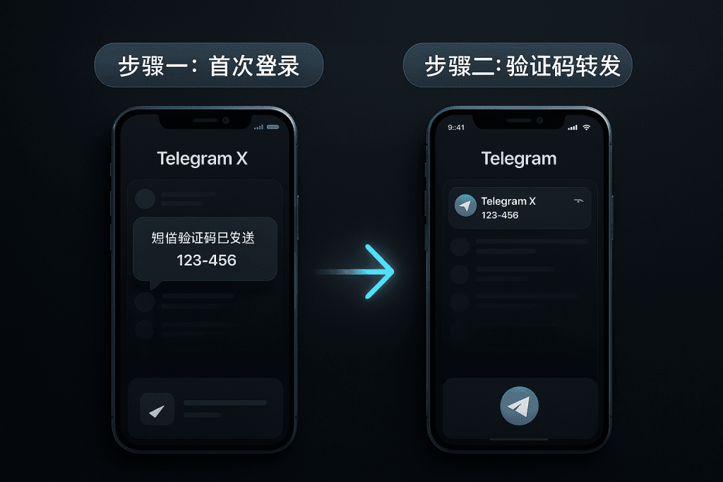 使用Telegram X作为中转站,接收应用内验证码以成功登录官方Telegram应用的现代流程示意图。