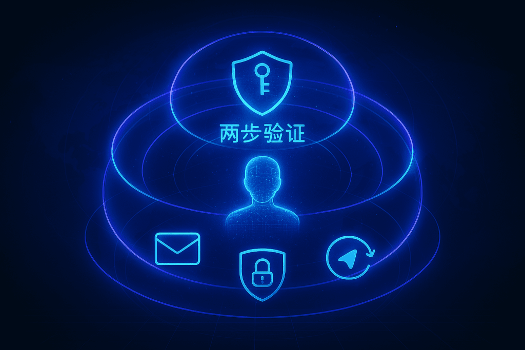 提升Telegram账户安全性的三种关键设置的抽象科技图:开启两步验证、绑定恢复邮箱以及保持多设备同步登录。