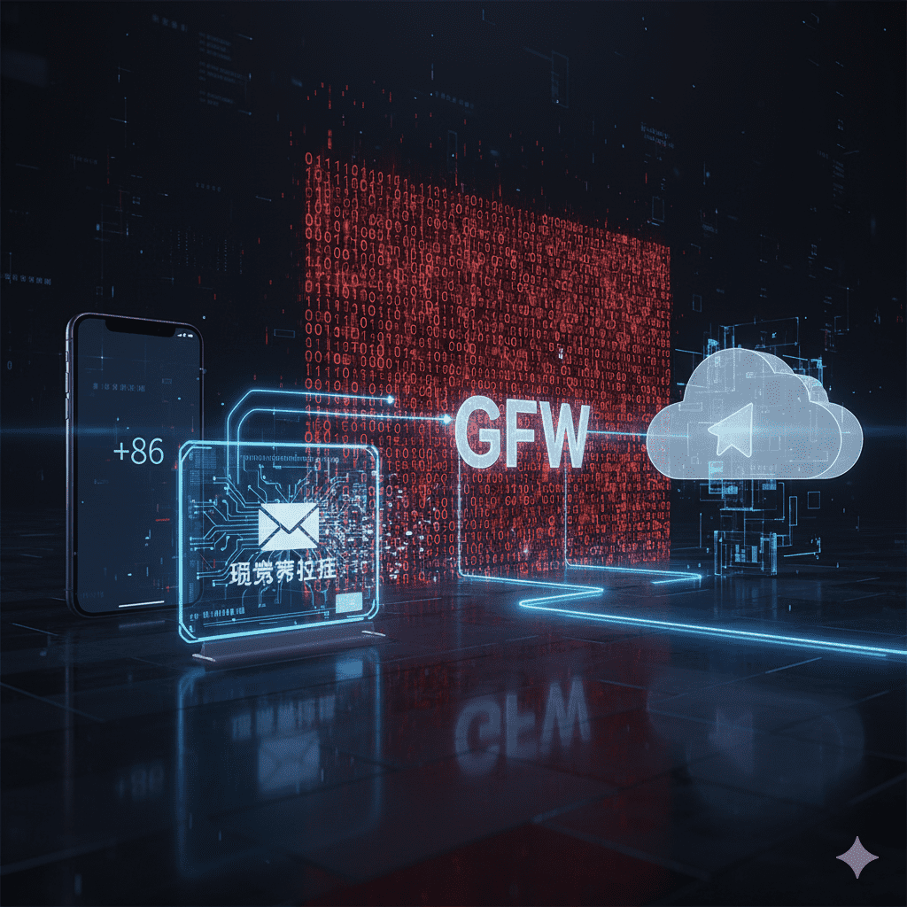 3D图解中国大陆用户收不到Telegram验证码的双重原因:全球数据流被网络防火墙(GFW)和运营商先后拦截。
