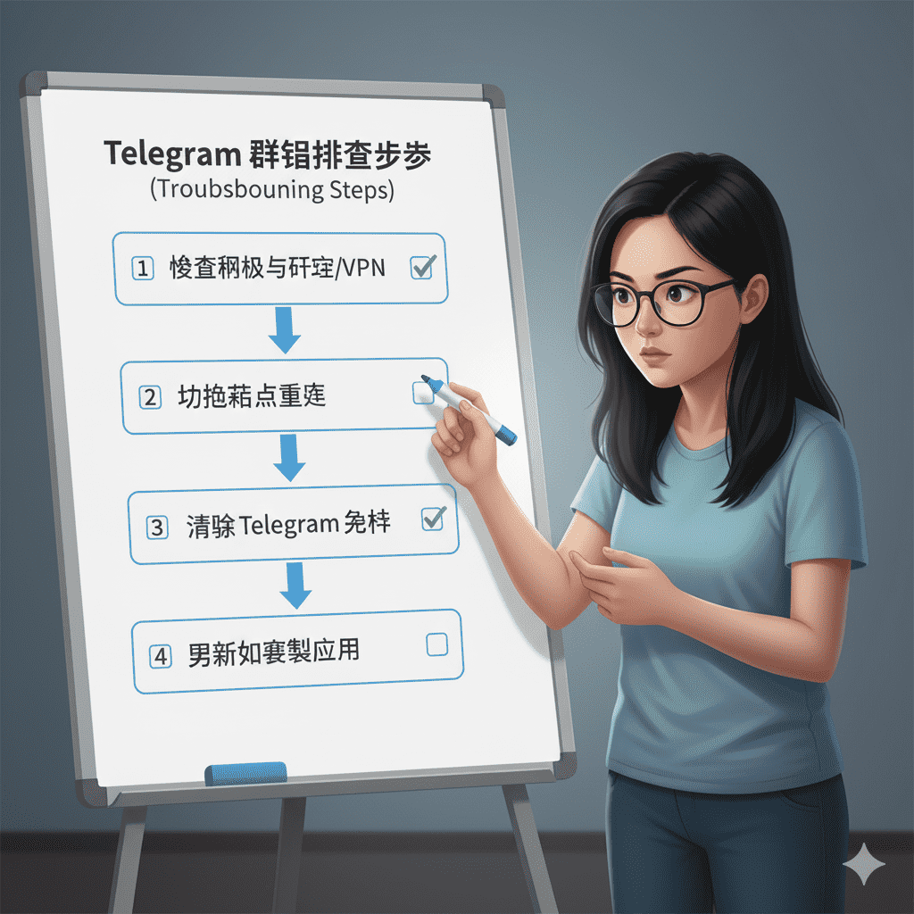 一张白板，上面列出了解决 "tg 群组打不开" 问题的排查步骤，包括检查网络、切换节点和清除 Telegram 缓存。