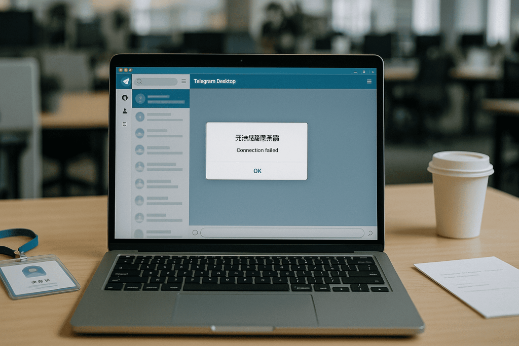 用户手持手机，Telegram 聊天界面顶部显示连接中的真实场景照片