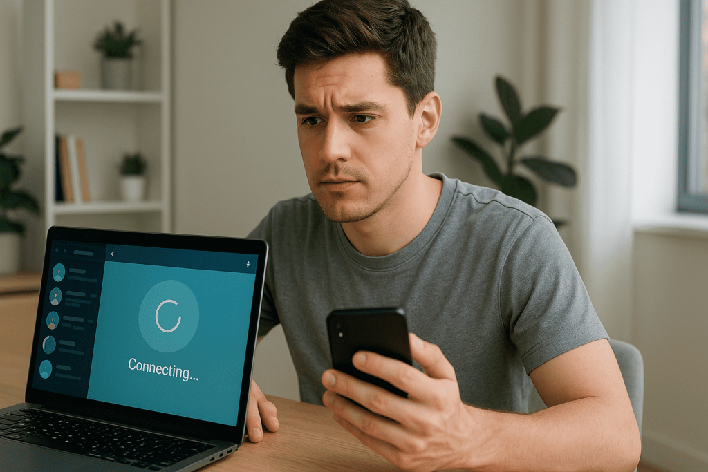 Telegram 连不上时，用户在电脑和手机前查看连接状态的现代办公室场景照片