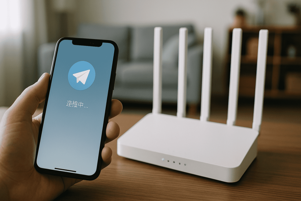 Telegram 连不上时，用户在电脑和手机前查看连接状态的现代办公室场景照片