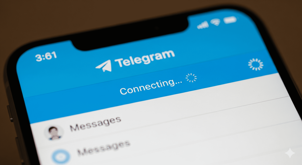 手机屏幕特写，Telegram 顶部状态栏一直显示“正在连接” (Connecting...) 和转圈图标，导致无法接收消息。